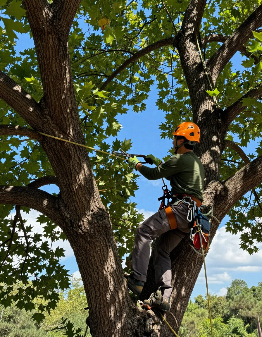 Arborist in orange helmet using a rope to climb a large leafy tree outdoors