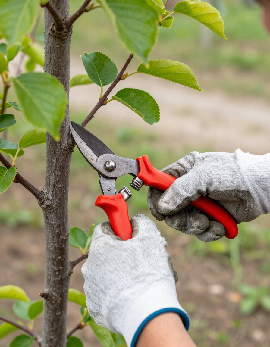 Hands in gray gloves using red pruning shears to trim a young tree branch in an orchard
