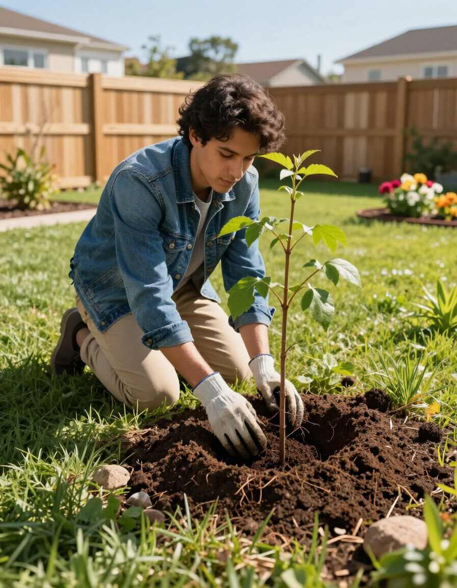 Person kneeling in a garden, planting a small sapling in soil beside a wooden fence.