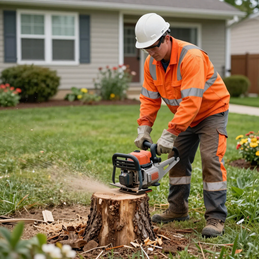 Worker in orange safety gear using a chainsaw to cut a tree stump in a suburban yard.