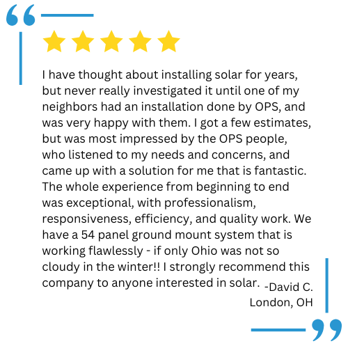 Customer review about solar panel installation by OPS: text with stars.