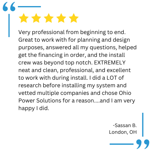 Customer review with 5 stars for Ohio Power Solutions: positive feedback about planning, install, and crew.