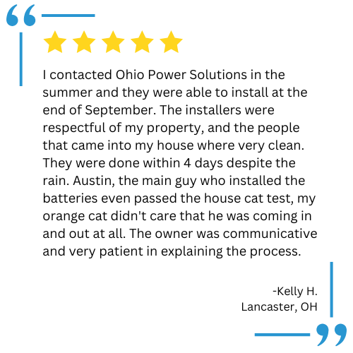 Customer testimonial for Ohio Power Solutions: positive review with 5-star rating, praising installers' cleanliness and owner's patience.