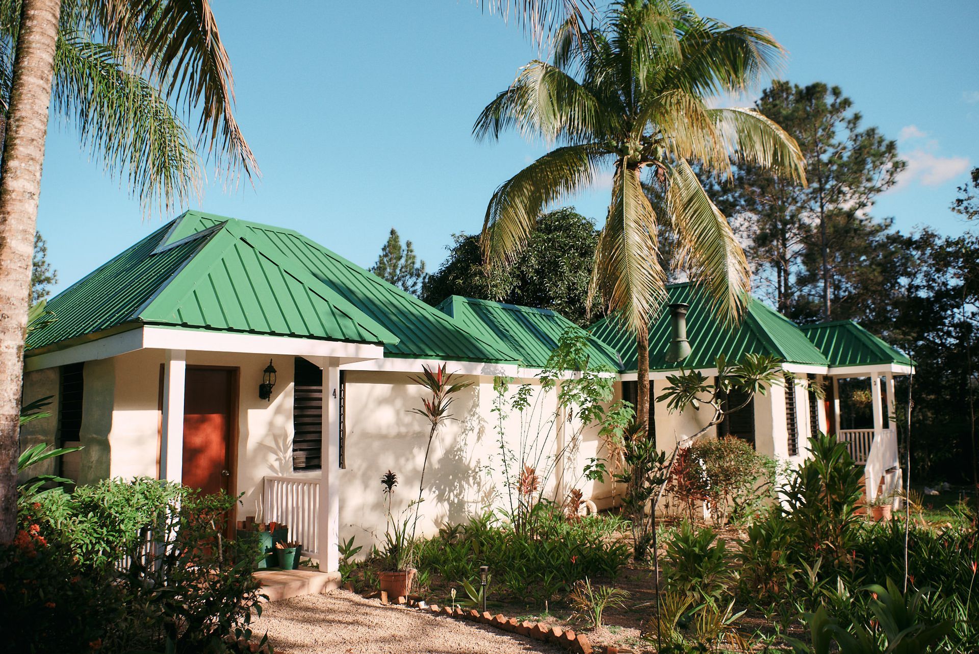 a white house with a green roof is surrounded by palm trees