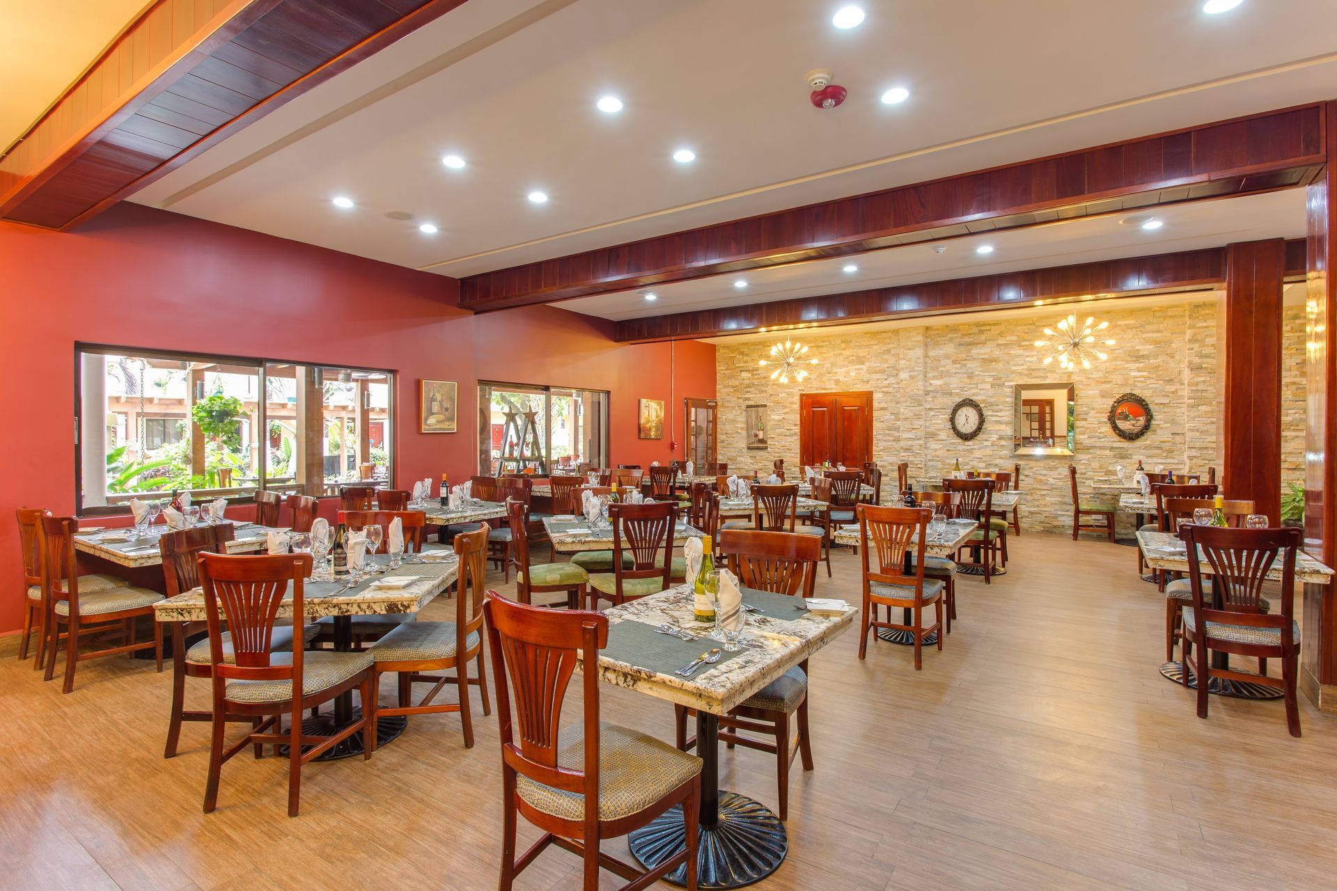 A large dining room filled with tables and chairs.