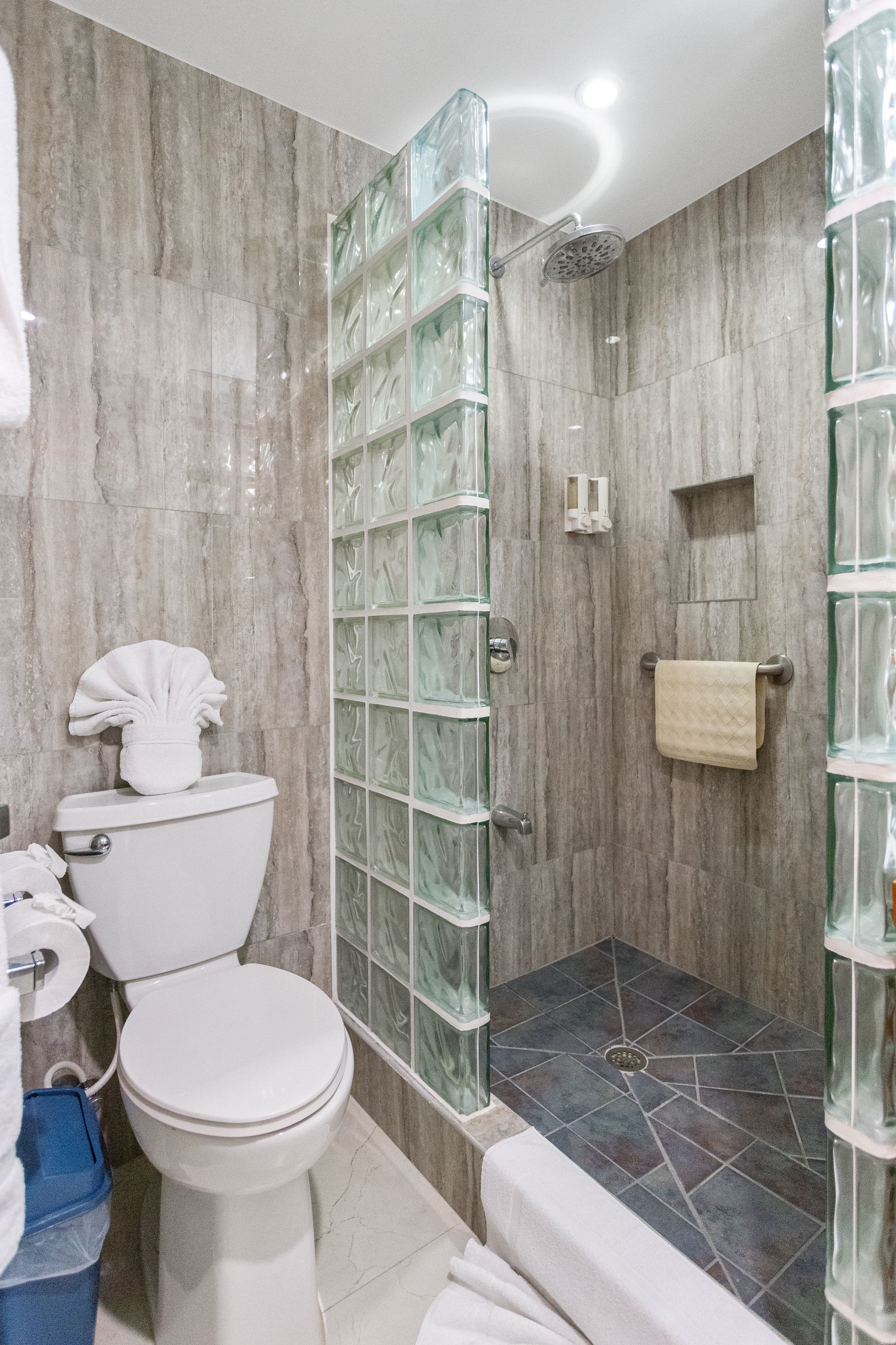 A bathroom with a toilet , shower and glass blocks.