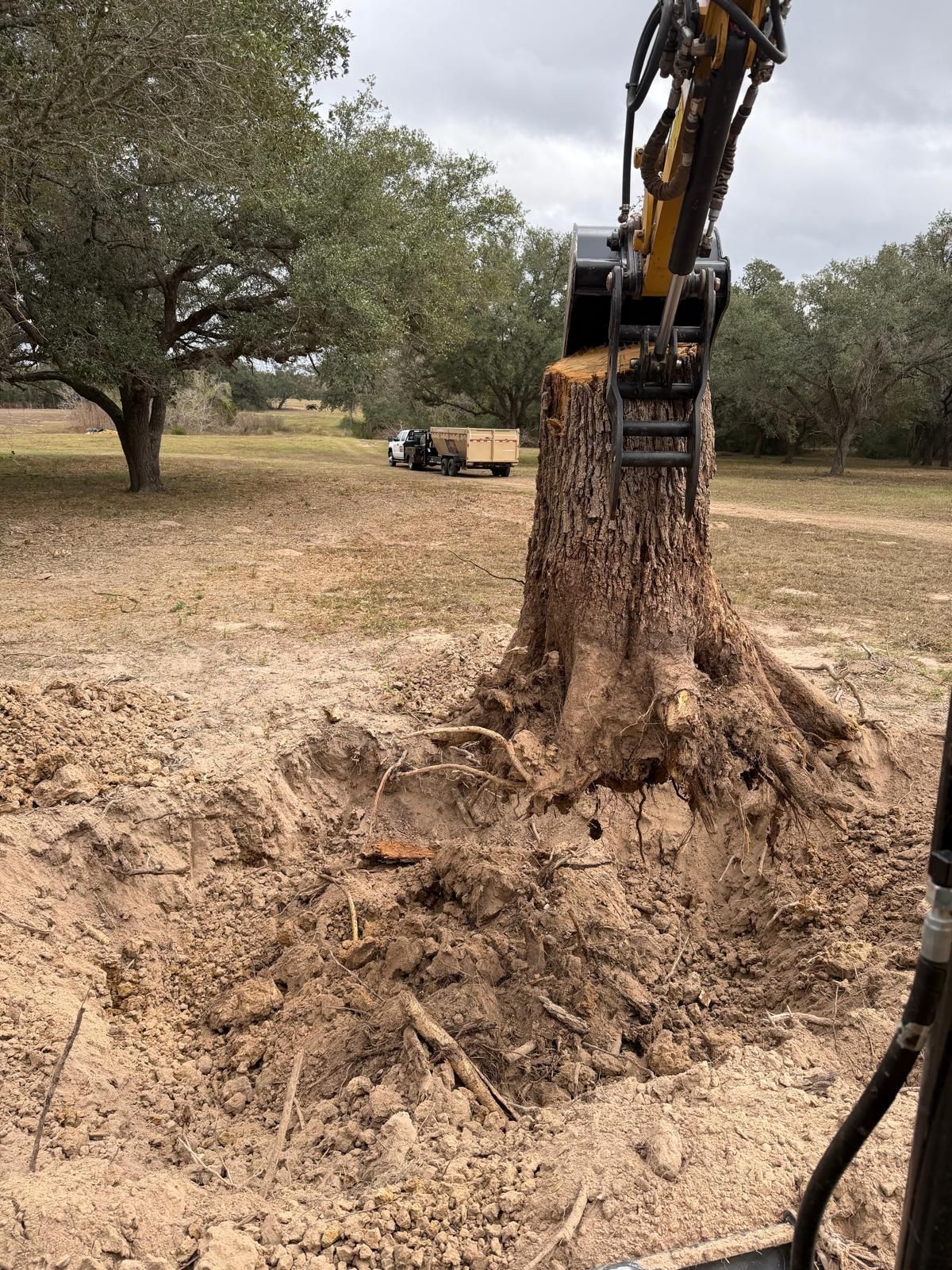 An excavator's hydraulic thumb grasps a large tree stump in a field with a truck and trailer in the background.