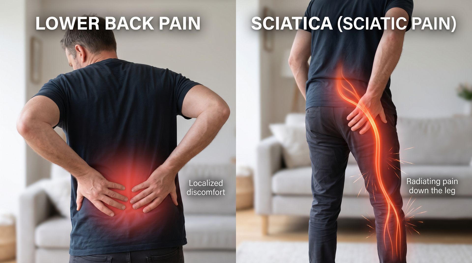 Side-by-side back pain illustration: man holding lower back and sciatic leg pain highlighted in red.