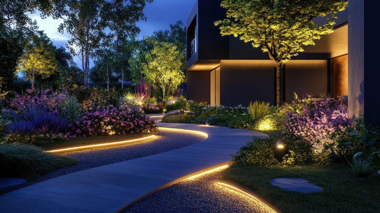 Modern landscaped garden path lit by warm ground lights beside a house at dusk