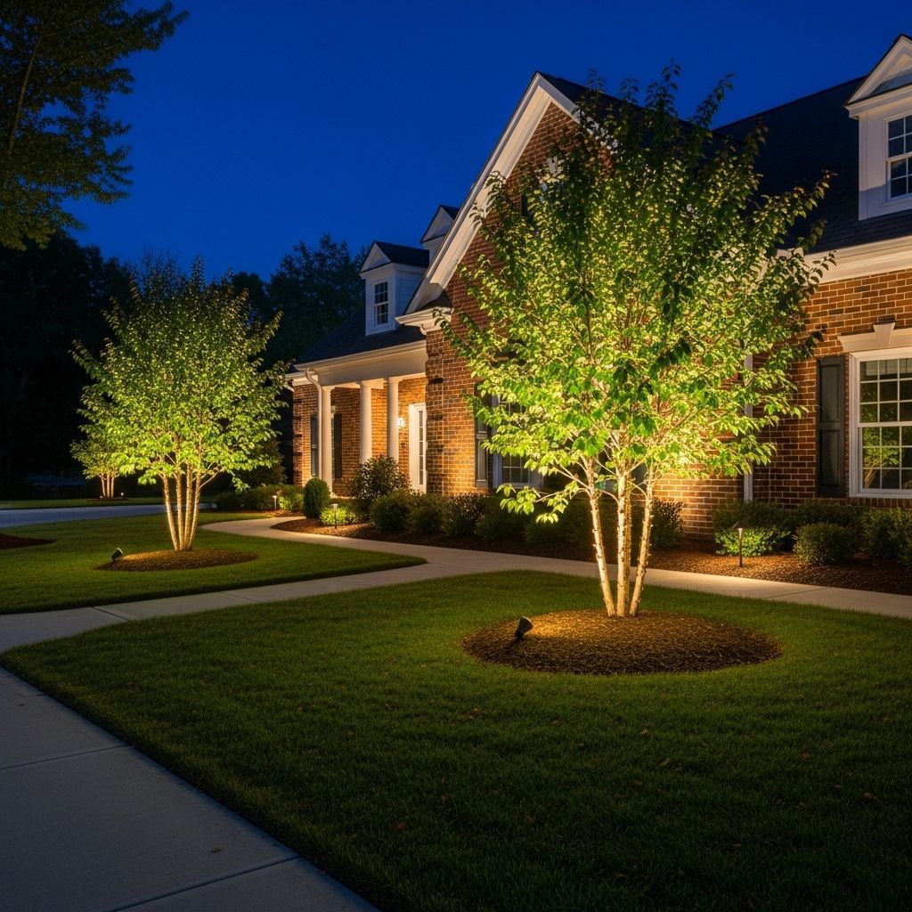 Two trees illuminated by landscape lighting stand on a manicured lawn in front of a brick house at twilight.