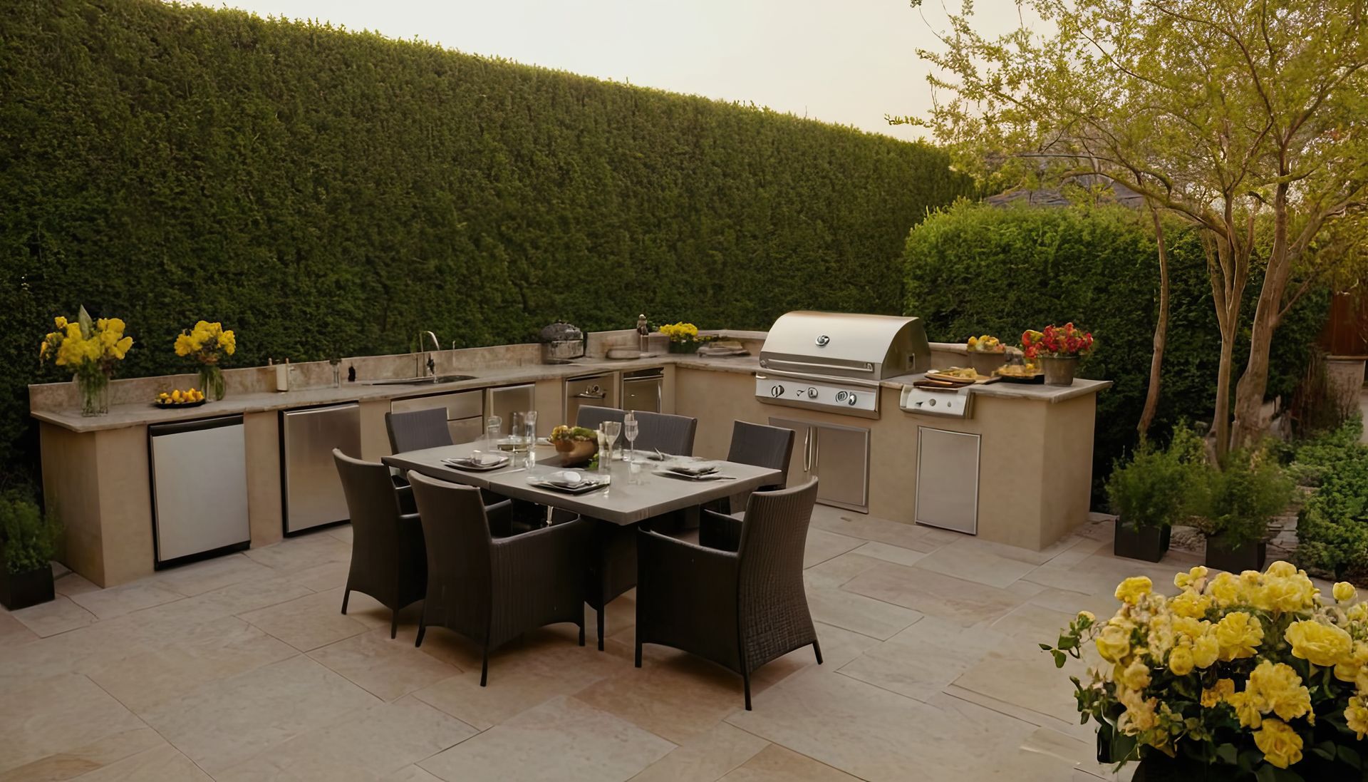 Outdoor kitchen with grill, sink, and dining table on a patio surrounded by greenery.