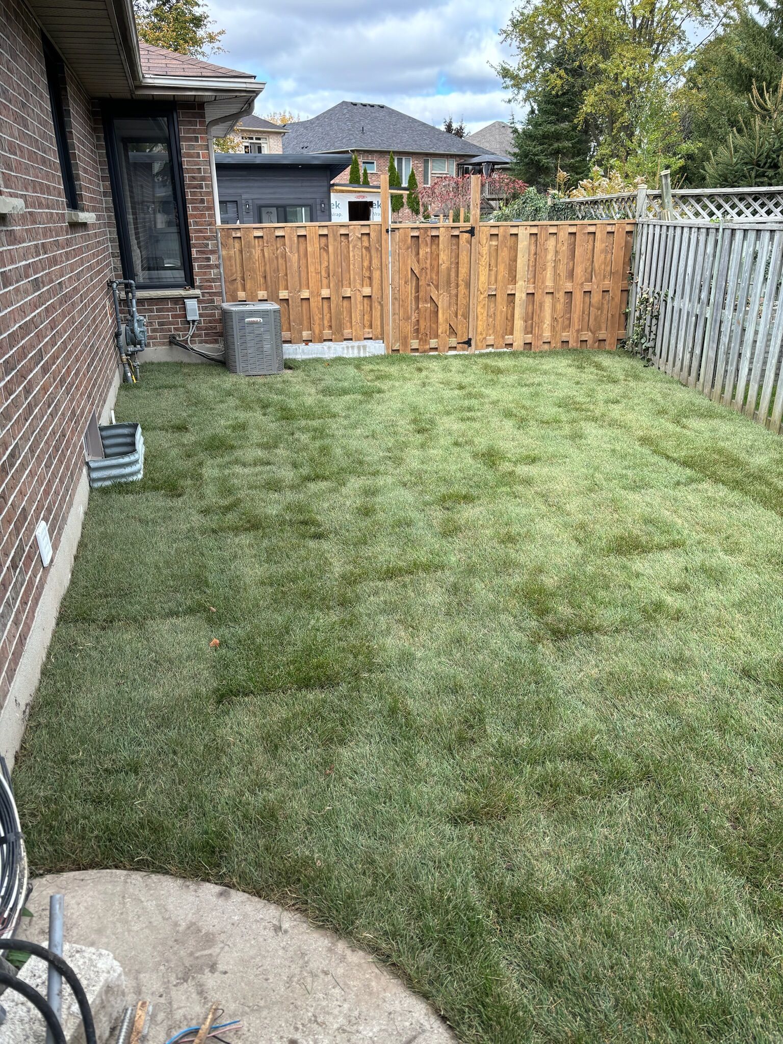 A backyard with a wooden fence and a lot of grass.