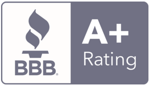 BBB A+ rating badge with white and gray background and BBB logo