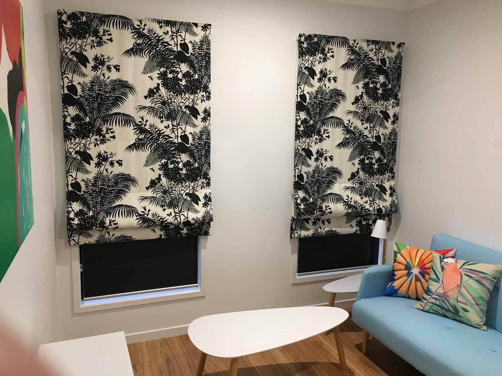 A Living Room with A Couch, Coffee Table, and Two Windows — Creative Curtains & Blinds In Tweed Heads South, NSW