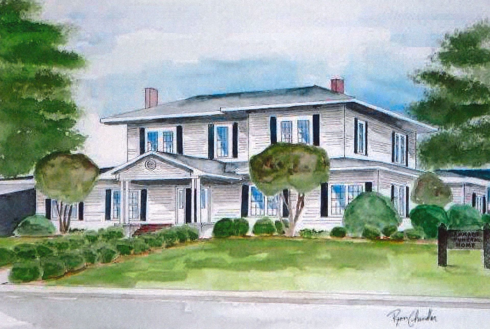 Watercolor of a large white colonial-style house with blue shutters, green lawn, and trees