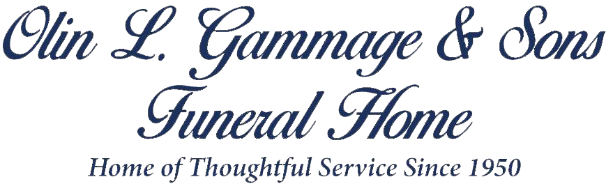 Olin L. Gammage & Sons Funeral Home logo with tagline “Home of Thoughtful Service Since 1950”