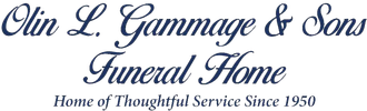 Olin L. Gammage & Sons Funeral Home logo with tagline &ldquo;Home of Thoughtful Service Since 1950&rdquo;