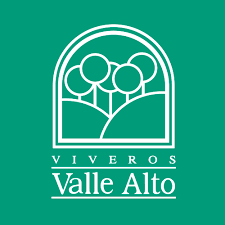 Logotipo verde para Viveros Valle Alto con árboles blancos estilizados y arco.