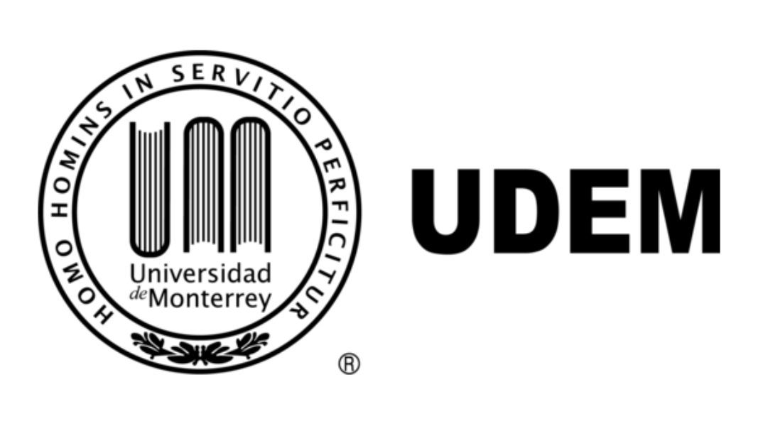 Logotipo de UDEM en blanco y negro con sello circular y texto “UDEM” en negrita sobre fondo blanco.