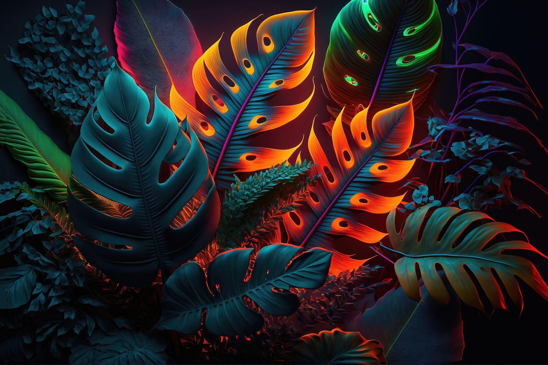 Colorful, glowing tropical leaves: teal, orange, and green against a dark background.