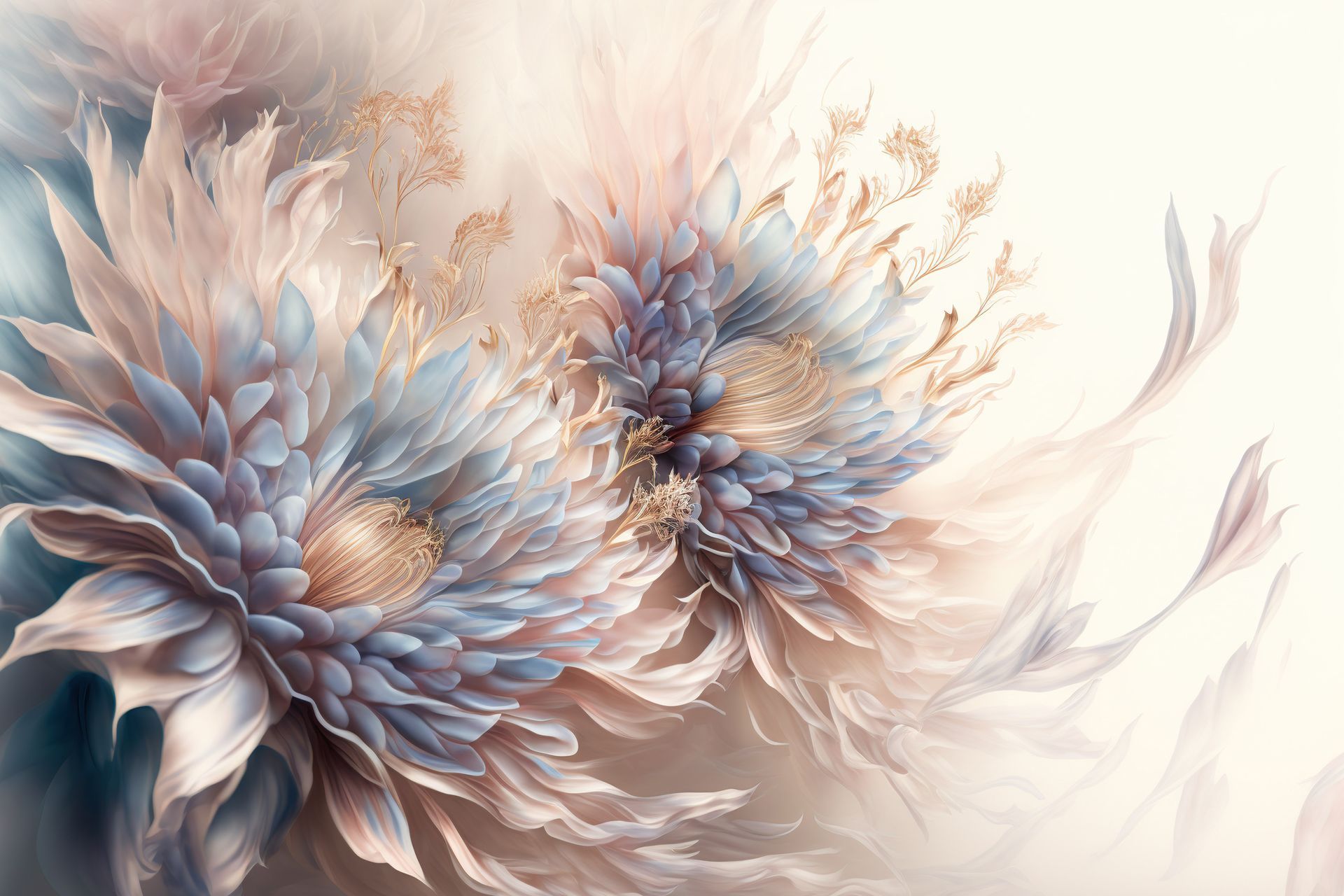 Two stylized flowers in pastel blue, pink, and gold against a soft, blurred background.