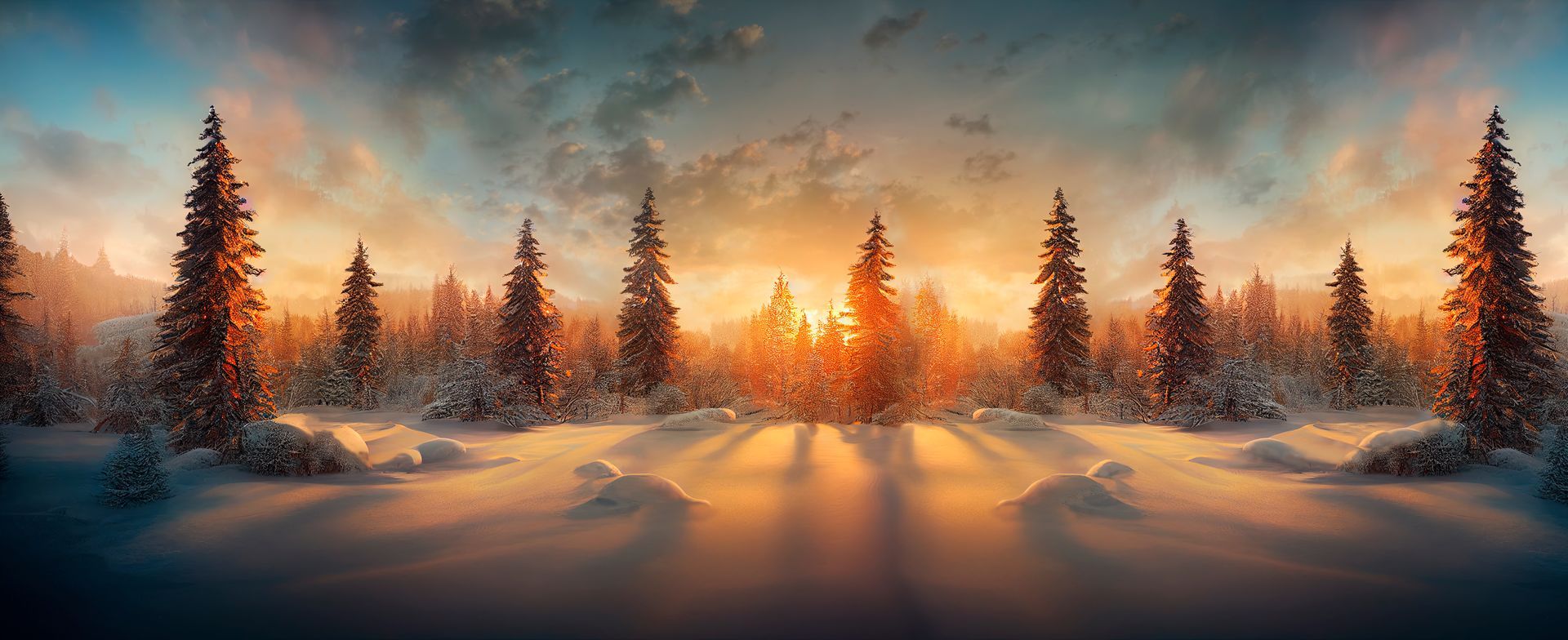 Snowy winter landscape with conifer trees silhouetted against a golden sunrise.