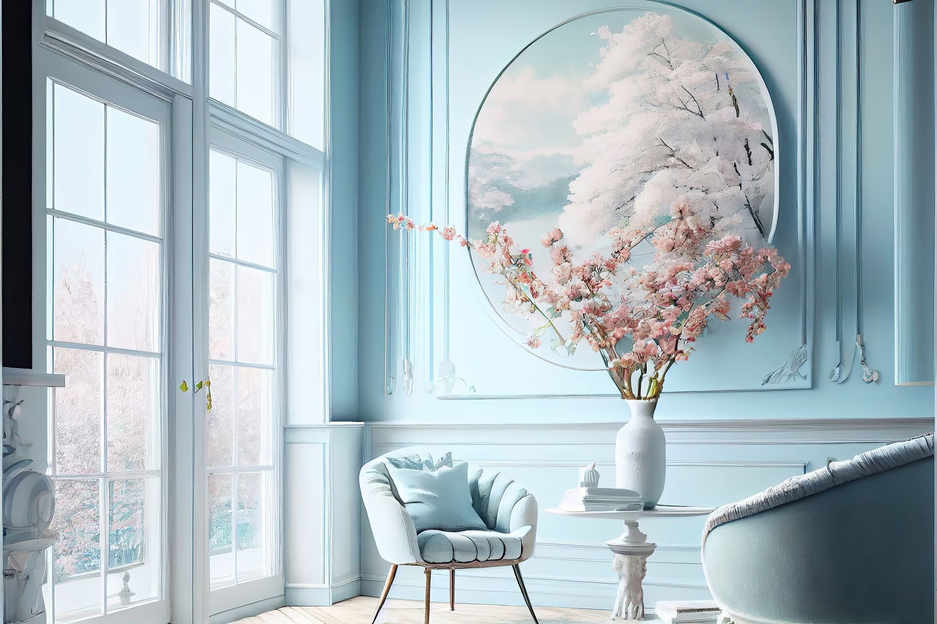 Light blue interior with a circular artwork depicting a snowy tree, a bouquet, and a chair.