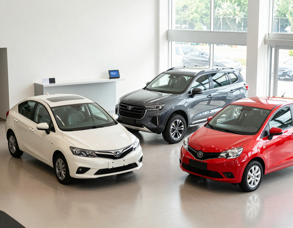 Tre auto parcheggiate in uno showroom luminoso: veicoli compatti bianchi, neri e rossi.
