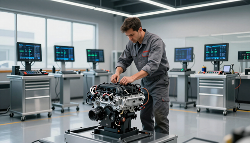 Un tecnico lavora su un motore d'auto in un moderno laboratorio automobilistico, con monitor di computer sullo sfondo.
