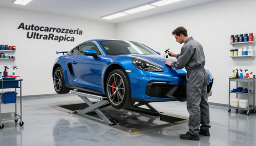 Un'auto sportiva blu viene lucidata in una luminosa officina meccanica con la scritta