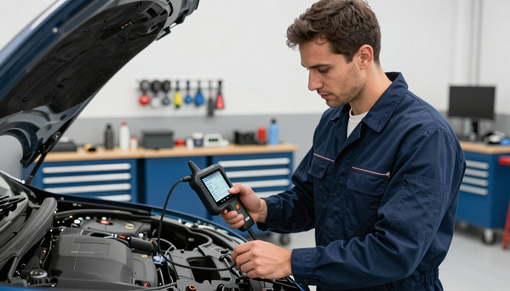 Meccanico che utilizza uno scanner diagnostico su un motore d'auto in un'officina.