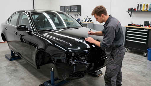 Un meccanico lavora su una berlina nera in un'officina di riparazione auto.