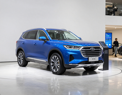 Un SUV blu in esposizione a un salone dell'auto, mostrato su una piattaforma bianca lucida.