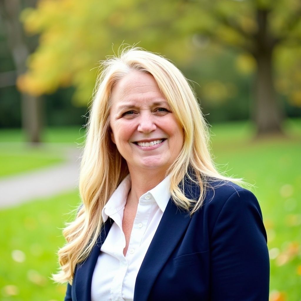 Smiling blonde woman in a navy blazer outdoors in a green park
