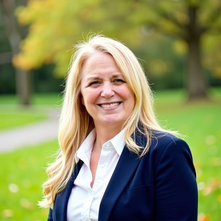 Smiling blonde woman in a navy blazer outdoors in a green park