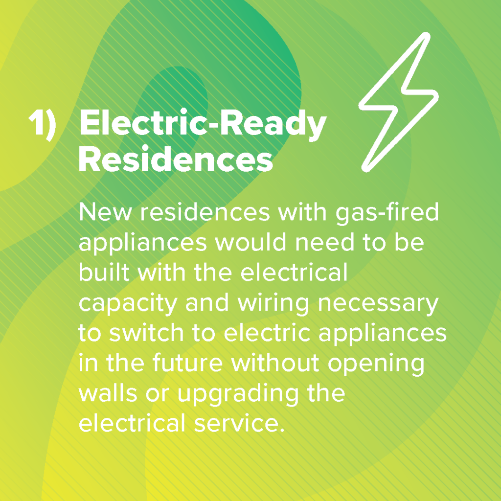 A green and white graphic with a lightning bolt and the words `` electric-ready residences ''.