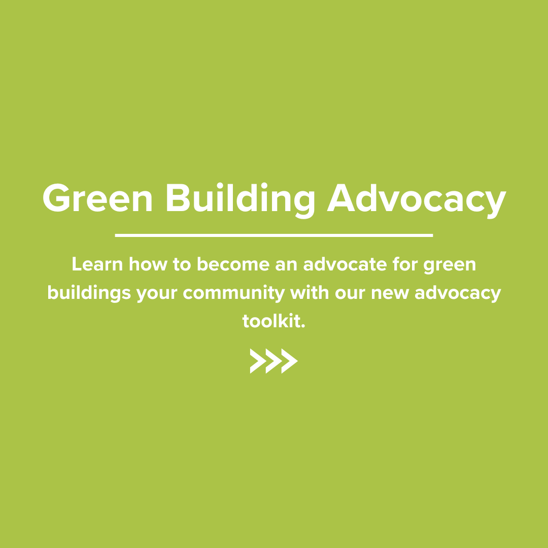 A green background with the words `` green building advocacy '' on it.