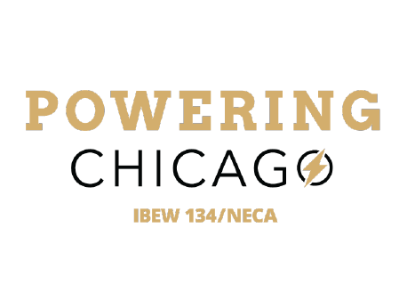 The logo for powering chicago is on a white background.