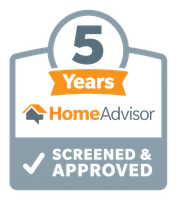 HomeAdvisor 5-Year Screened & Approved badge: gray, orange, and white, with text and a checkmark.