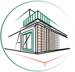 Architectural drawing of a modern building in a green and white circular border, with green and orange accents.