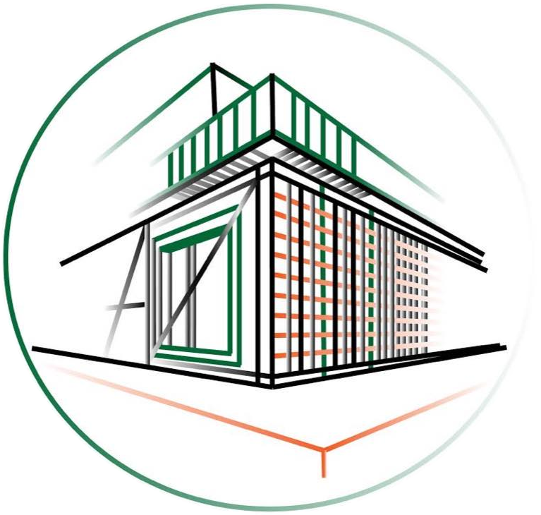 Architectural drawing of a modern building in a green and white circular border, with green and orange accents.