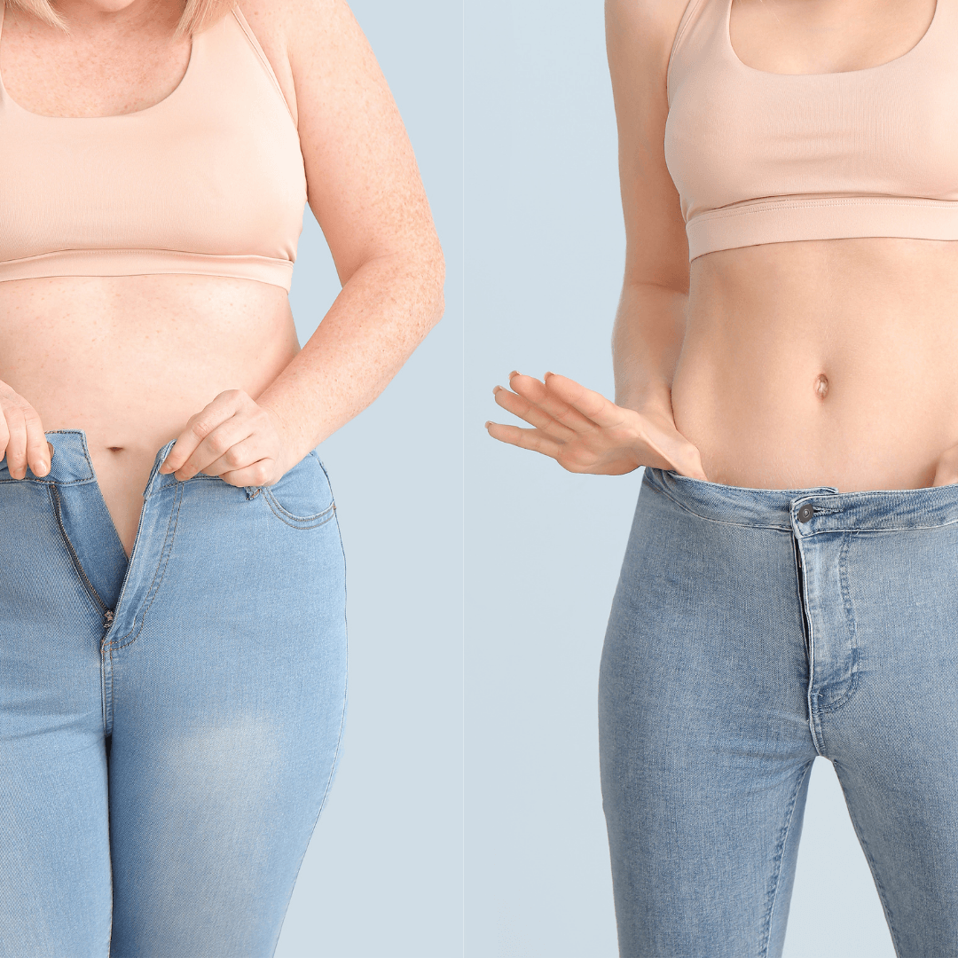 Direkter Vergleich: Links kämpft eine Frau damit, ihre Jeans zuzuknöpfen; rechts passen die Jeans.