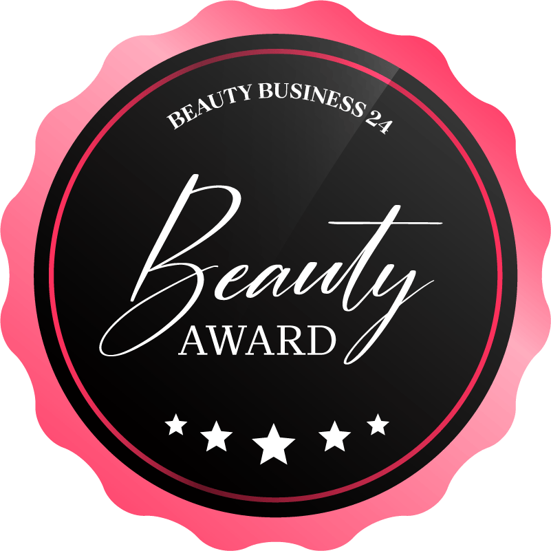 Pinkfarbenes und schwarzes Schönheitsauszeichnungsabzeichen mit der Aufschrift „Beauty Award“ und „Beauty Business 24“.