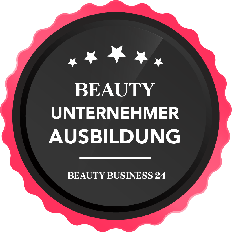 Abzeichen für die Ausbildung zur „Beauty Unternehmerin“ mit Sternen und einem rosa-schwarzen Farbschema.