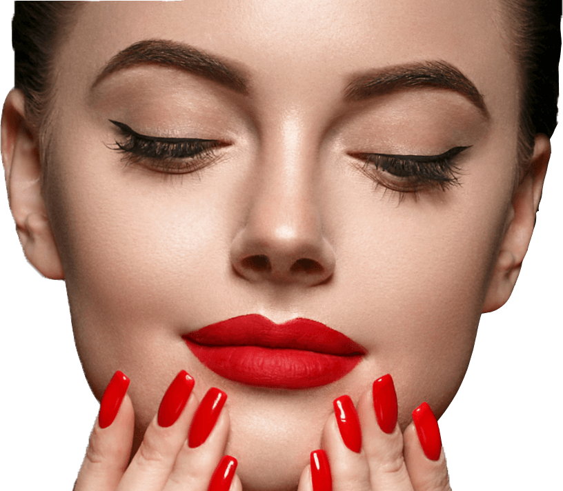 Frau mit geschlossenen Augen, rotem Lippenstift und passendem rotem Nagellack.