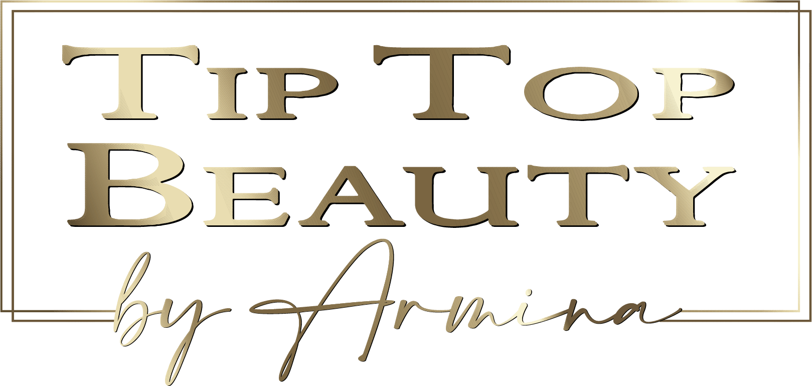 Logo für „Tip Top Beauty by Armina“ in Gold, in einem goldenen Rahmen.