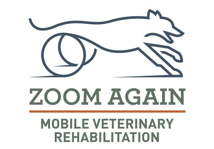 Logo image of Zoom Again Mobile Veterinary Rehabilitation featuring a line drawing of a sighthound with wheels for back legs