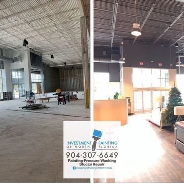 A before and after photo of a building being painted by investment painting of north florida