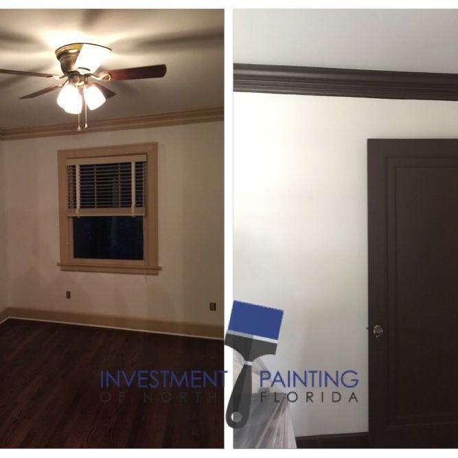 A picture of a room before and after being painted by investment painting florida