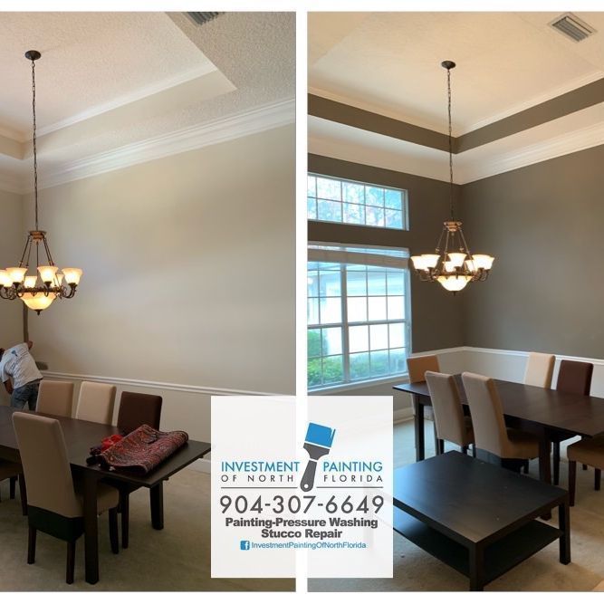 A before and after picture of a dining room being painted by investment painting of florida